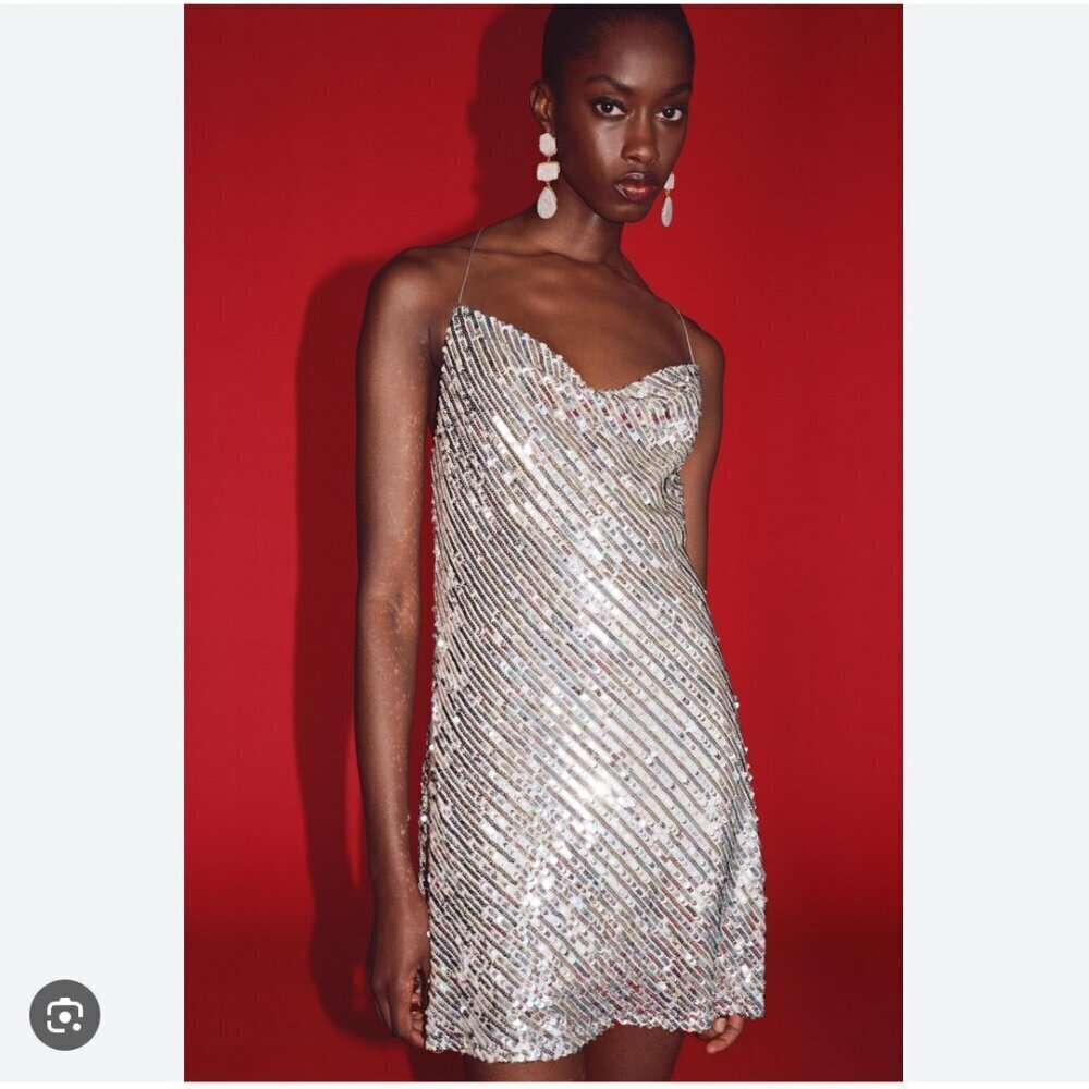 Zara Multicolor Sequin Cowl Back Mini Dress NWT Size Small